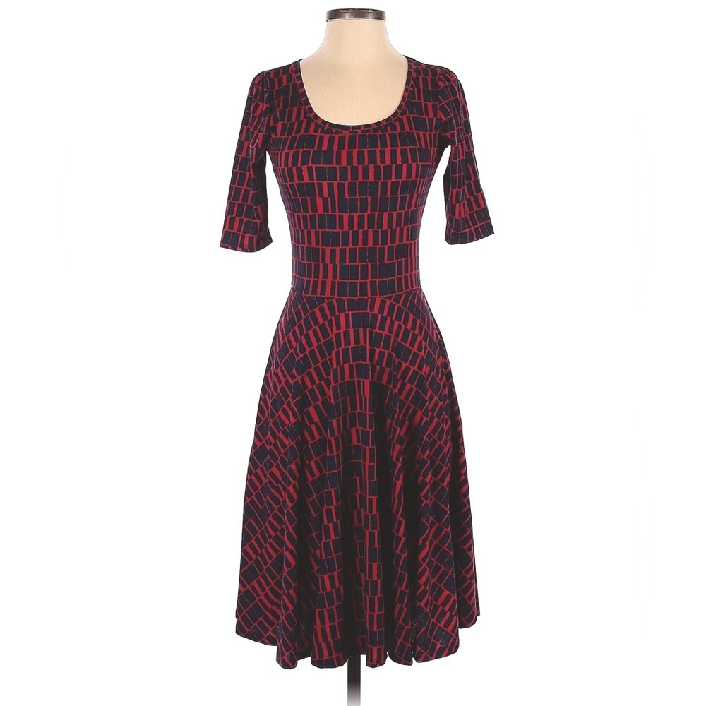 🌸3/$25 🆕 LuLaRoe Fit & Flare Nicole A-Line Geo Print Navy & Red Dress, Size XS